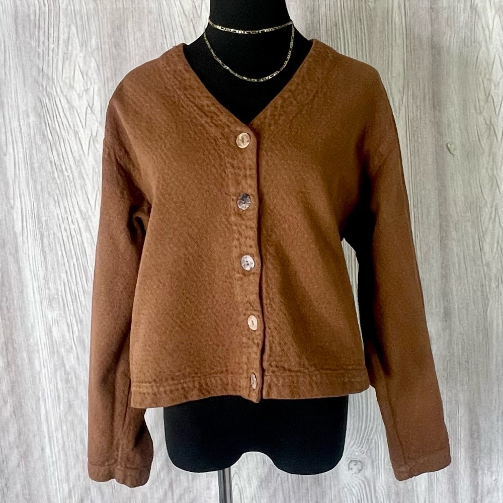 KLEEN Textured Boxy Cardigan – Real Shell Buttons – Lagenlook – Brown/Rust